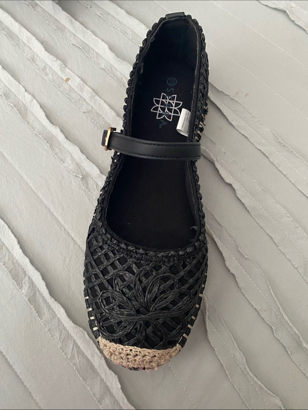 **SINGLE SHOE** Black Woven Espadrille with Natural Toe Accent buckle strap